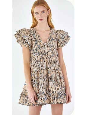 Hunter Bell Virginia Snowy Animal Ruffle Mini Dress sz XS